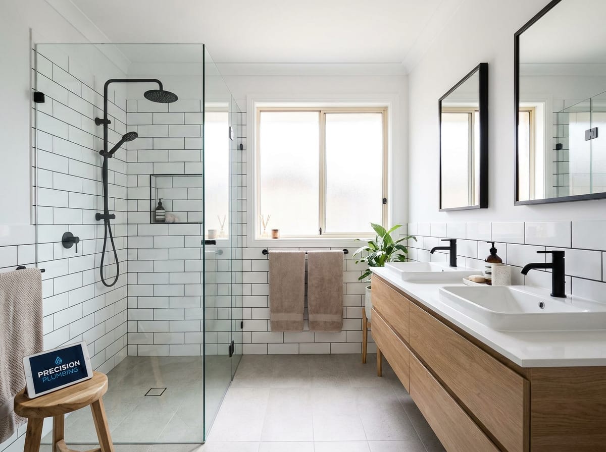 Modern renovated bathroom with walk-in rainfall shower and oak vanity