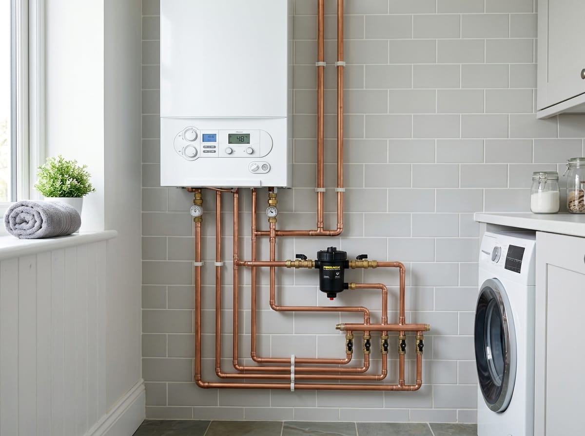 New white combi boiler installed with tidy copper pipework