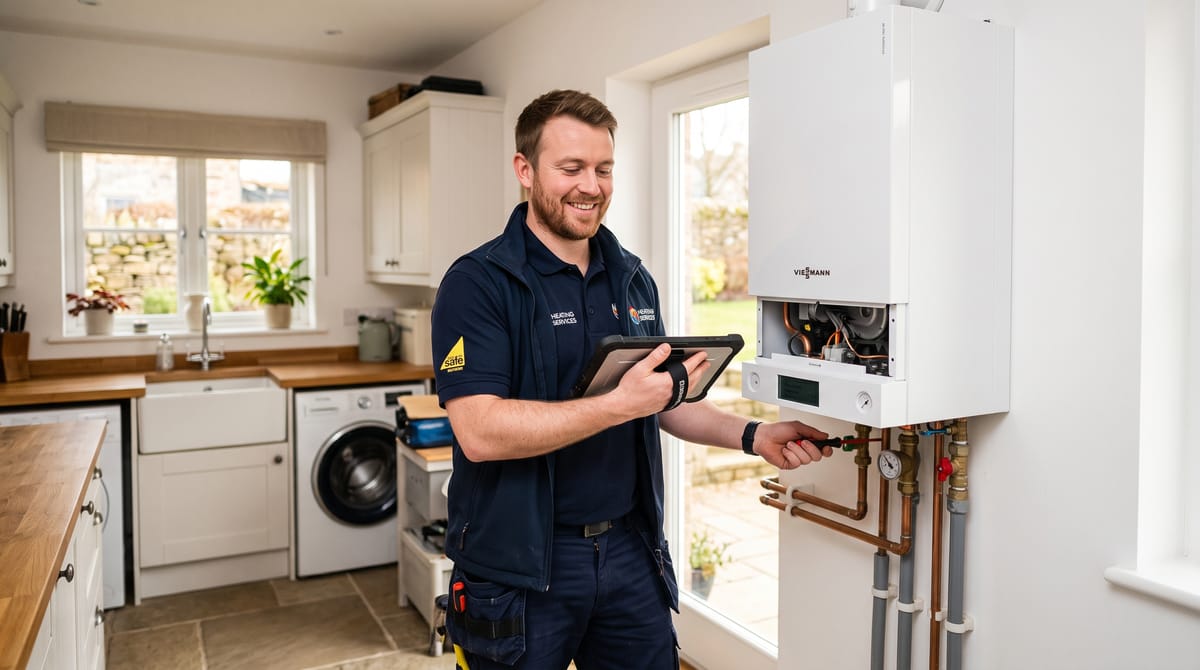 Gas engineer servicing a wall-mounted boiler with a tablet in hand