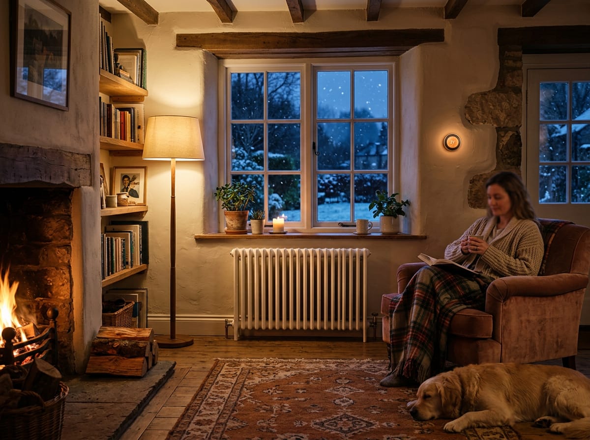 Column radiator and smart thermostat in a warm Scottish living room