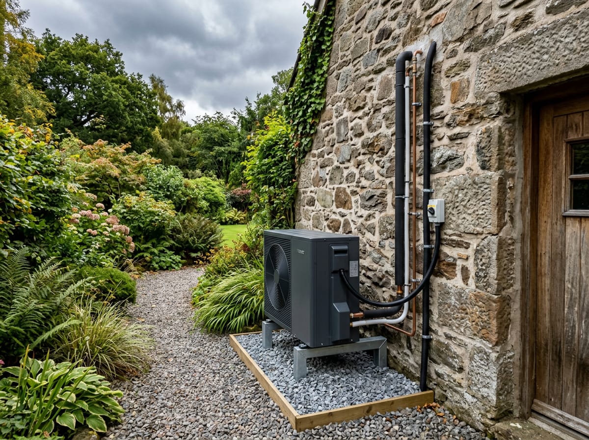 Air source heat pump neatly installed beside a Scottish stone cottage